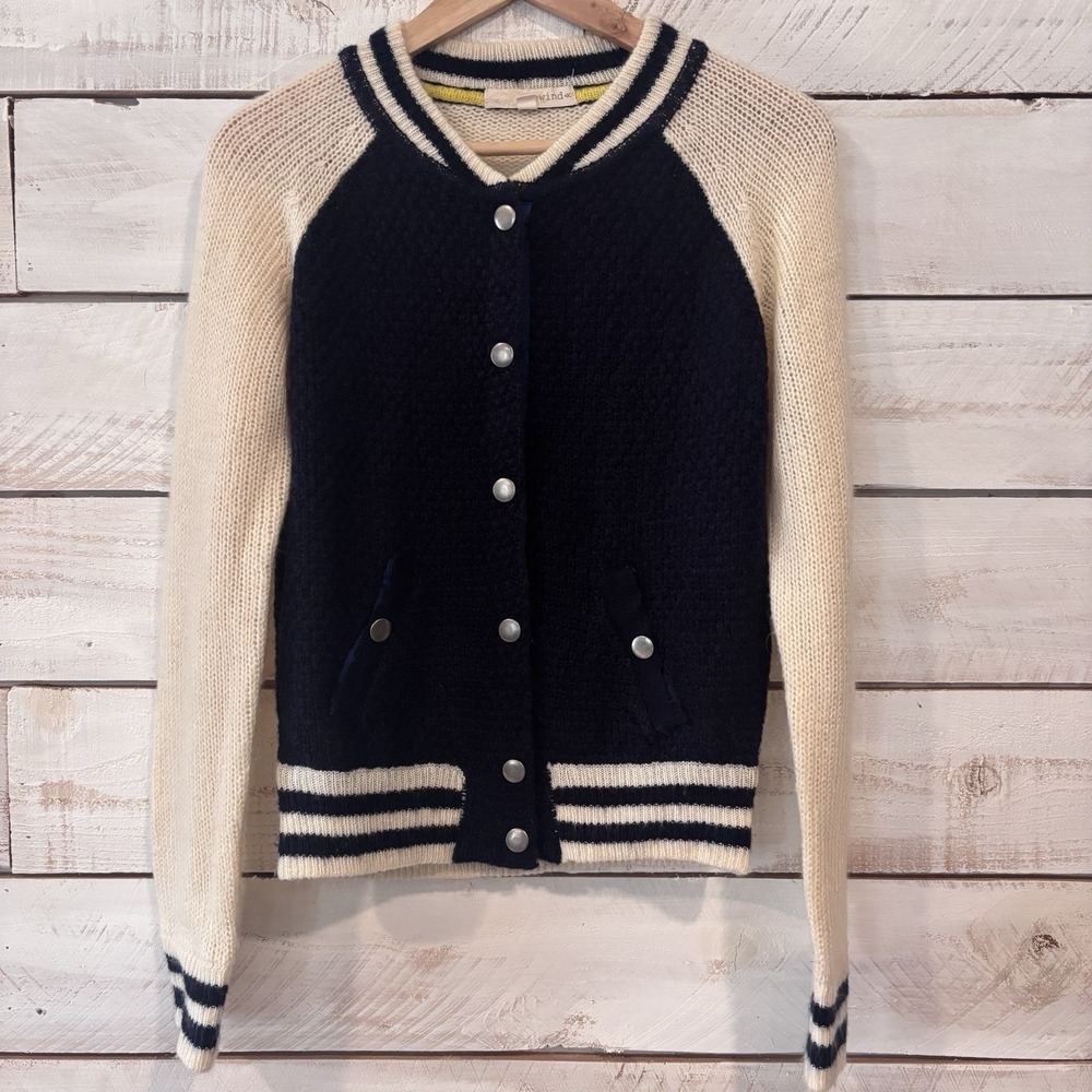 Rewind Button Letterman Style Color Block Cardigan‎ Sweater Blue & White Sz Sm